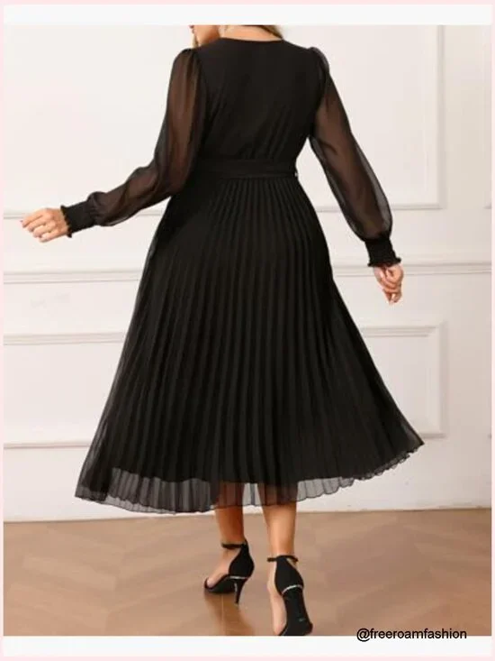 Plus Size Long Sleeve Pleated Midi Dress for Wedding Guest Semi Formal - Picture 2 of 7